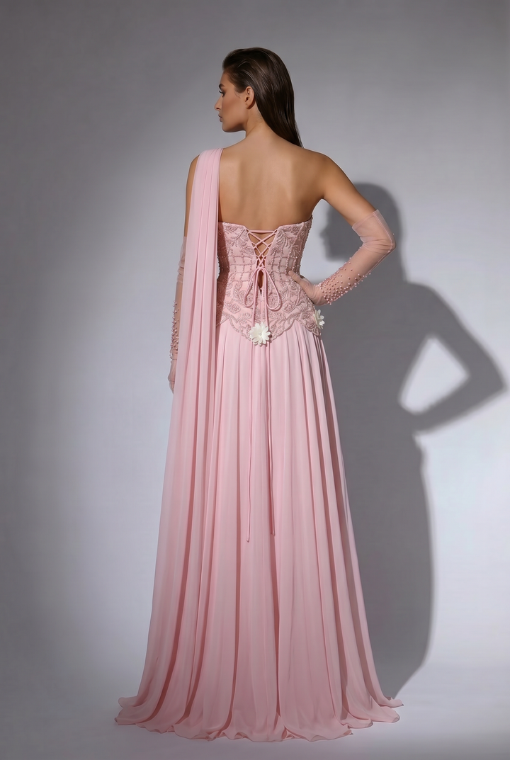 Pink One Shoulder Chiffon Evening Gown with Beaded Corset Bodice, Detachable Illusion Gloves and Floral Appliqué – Formal Dress Plus Size