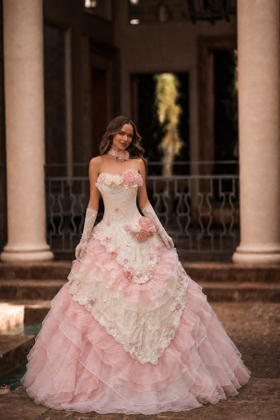 Pink Rococo Ball Gown Tiered Ruffle Dress With Lace Corset and Floral Appliqué Plus Size Size 6 / Pink / With Choker +Gloves