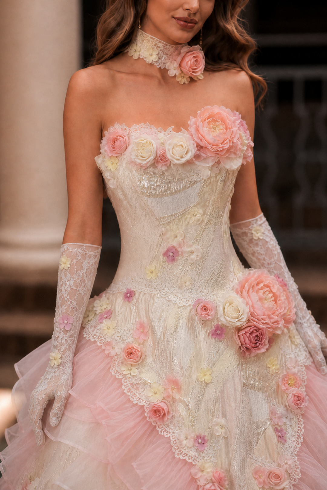 Pink Rococo Ball Gown Tiered Ruffle Dress with Lace Corset and Floral Appliqué Plus Size