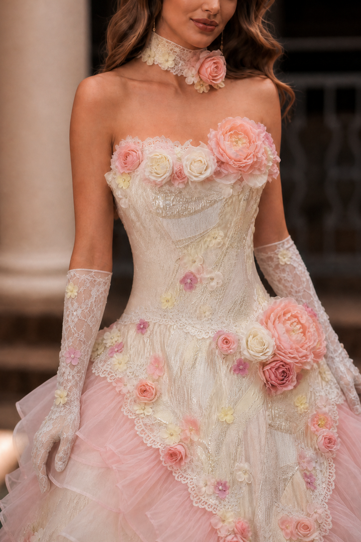 Pink Rococo Ball Gown Tiered Ruffle Dress with Lace Corset and Floral Appliqué Plus Size
