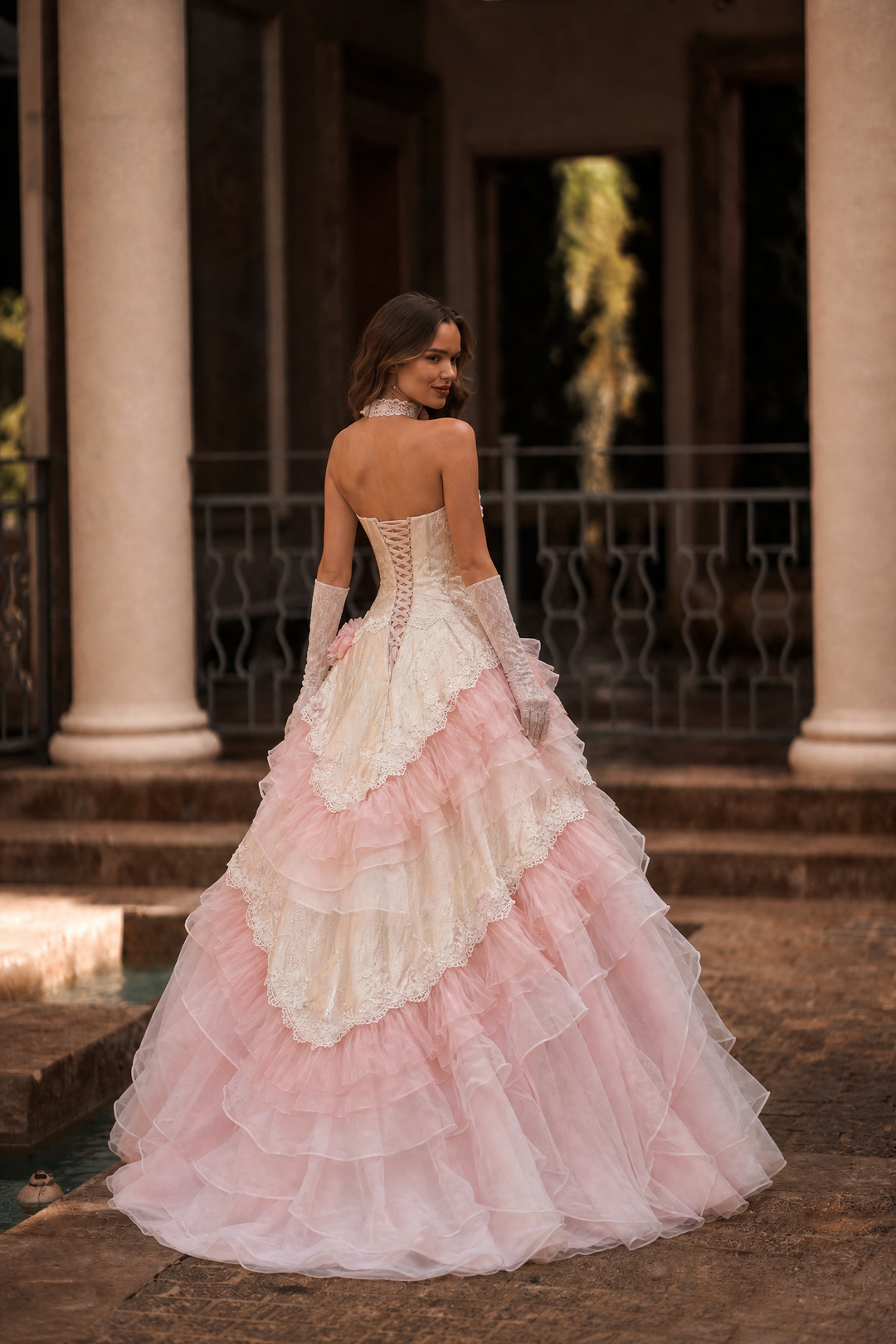 Pink Rococo Ball Gown Tiered Ruffle Dress with Lace Corset and Floral Appliqué Plus Size