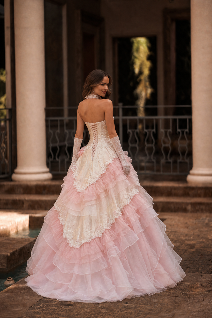 Pink Rococo Ball Gown Tiered Ruffle Dress with Lace Corset and Floral Appliqué Plus Size