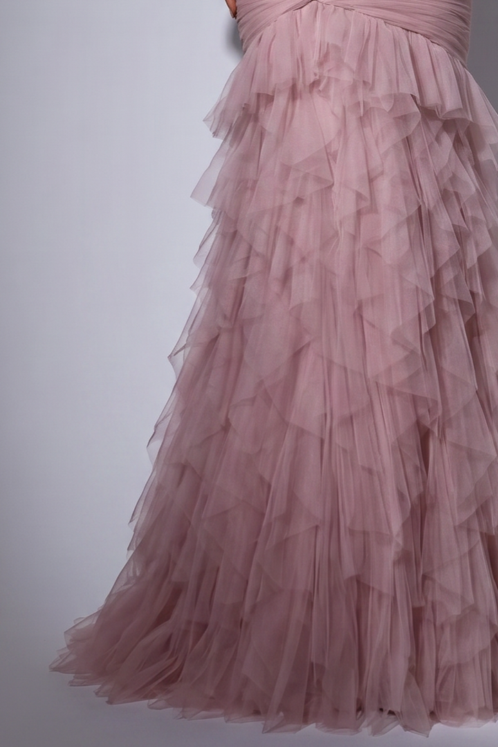 Pink Ruched Mermaid Evening Gown with Sweetheart Neckline - Strapless Tulle Dress with Corset Back - Layered Ruffle Formal Gown Plus Size