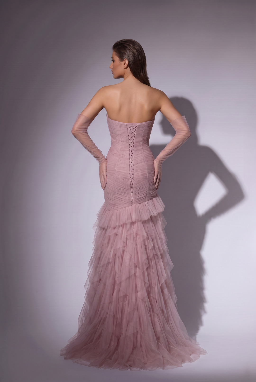 Pink Ruched Mermaid Evening Gown with Sweetheart Neckline - Strapless Tulle Dress with Corset Back - Layered Ruffle Formal Gown Plus Size