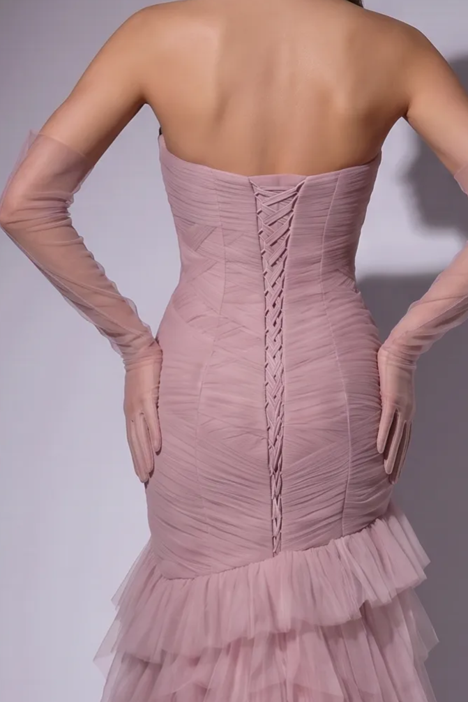 Pink Ruched Mermaid Evening Gown with Sweetheart Neckline - Strapless Tulle Dress with Corset Back - Layered Ruffle Formal Gown Plus Size