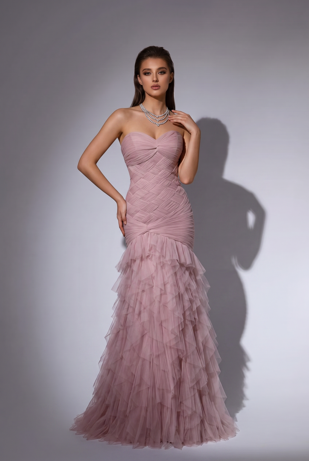 Pink Ruched Mermaid Evening Gown with Sweetheart Neckline - Strapless Tulle Dress with Corset Back - Layered Ruffle Formal Gown Plus Size