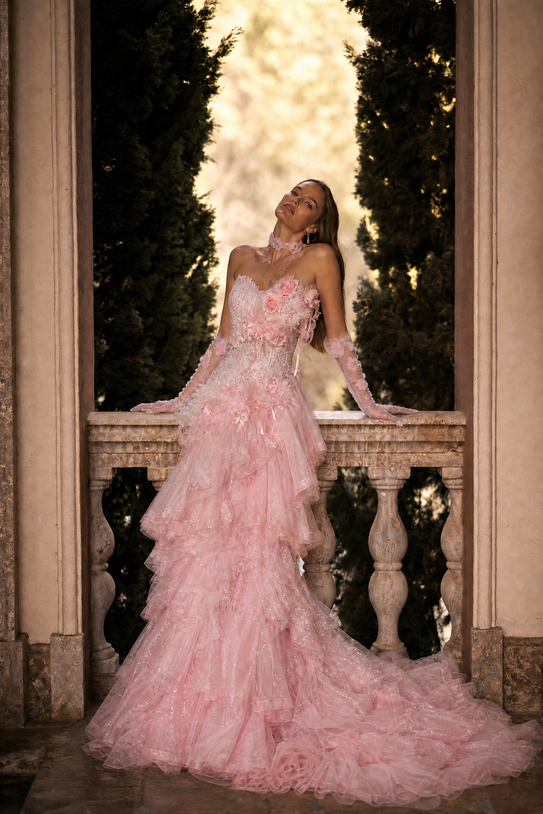 Pink Sequin Ball Gown Evening Dress with Floral Appliqué and Layered Tulle Ruffle Skirt Plus Size