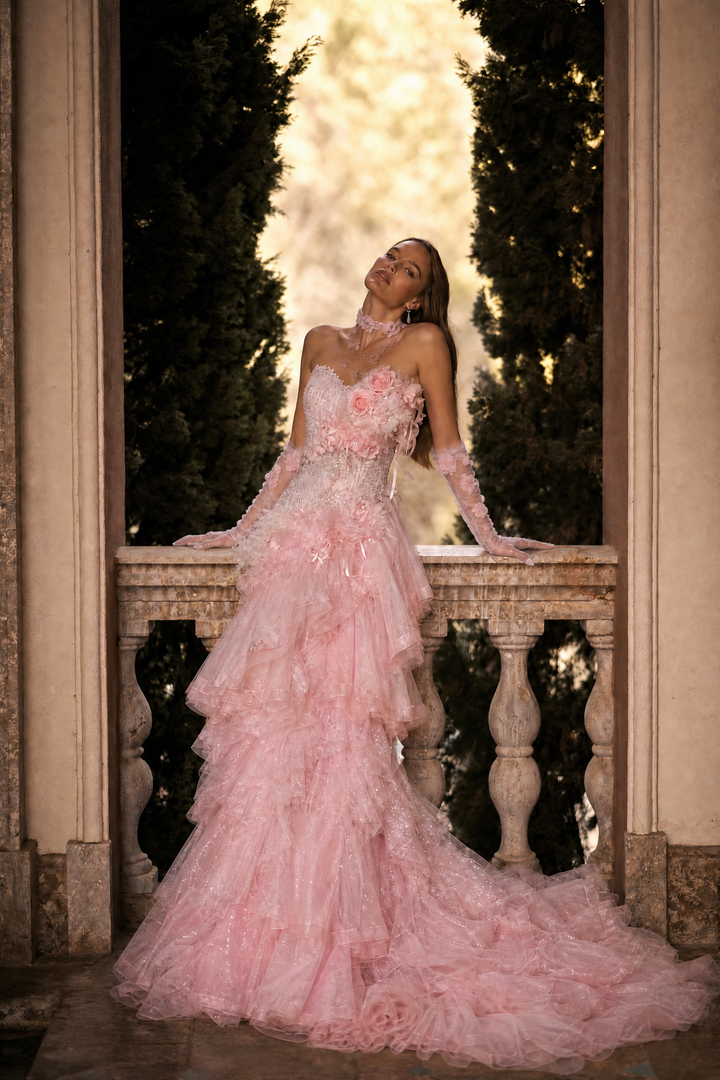 Pink Sequin Ball Gown Evening Dress with Floral Appliqué and Layered Tulle Ruffle Skirt Plus Size