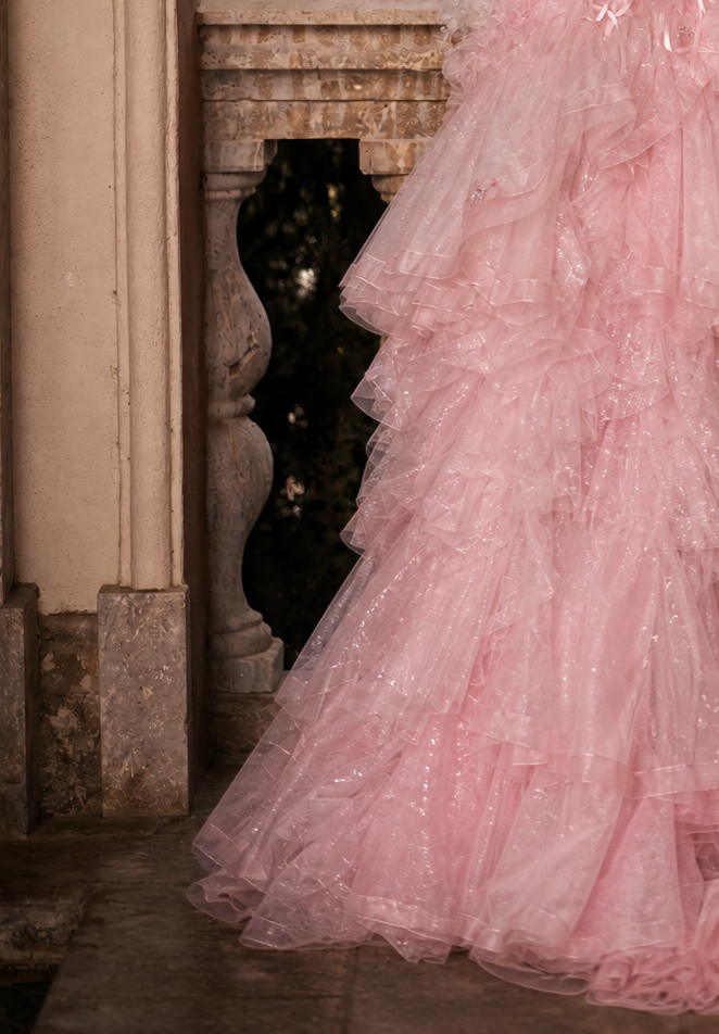 Pink Sequin Ball Gown Evening Dress with Floral Appliqué and Layered Tulle Ruffle Skirt Plus Size