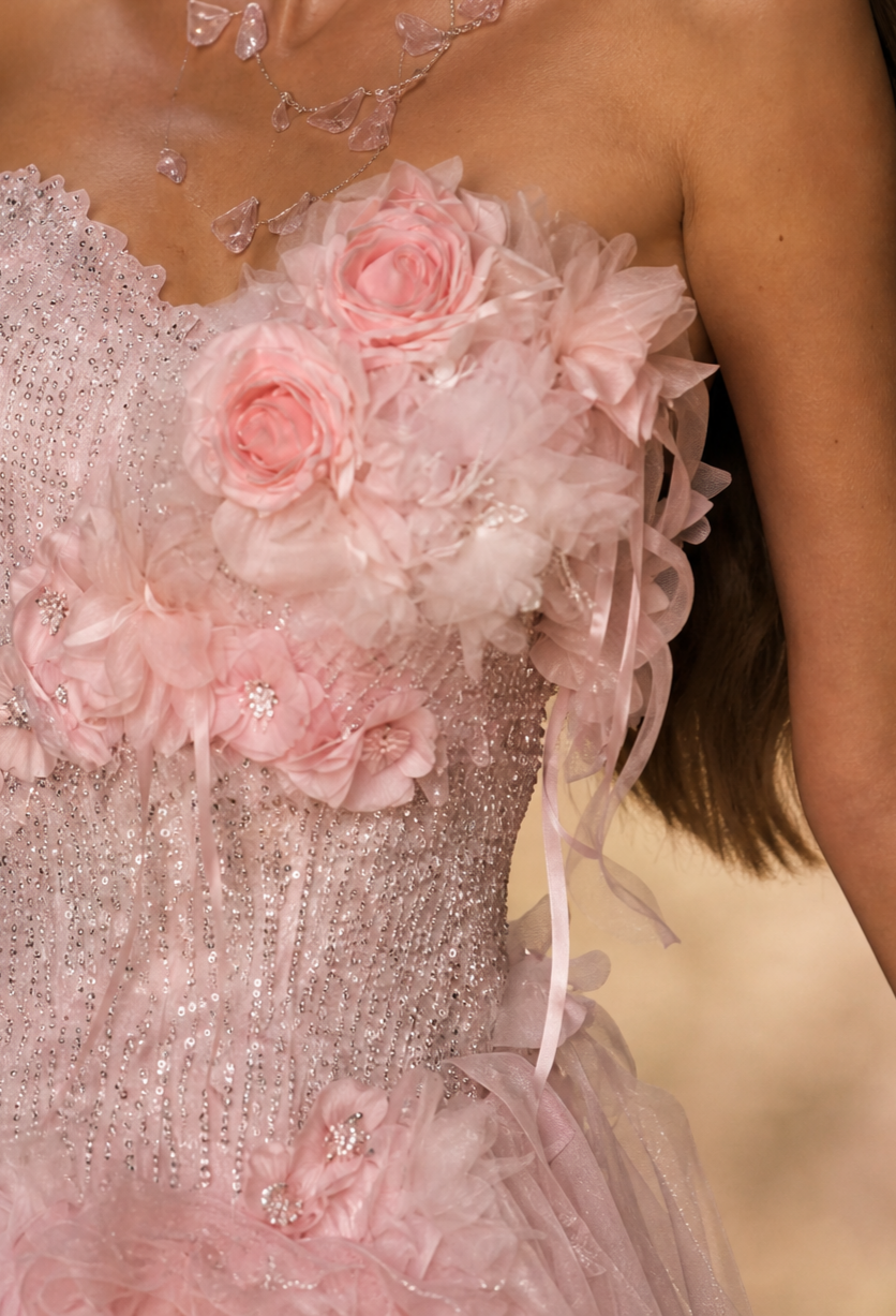 Pink Sequin Ball Gown Evening Dress with Floral Appliqué and Layered Tulle Ruffle Skirt Plus Size