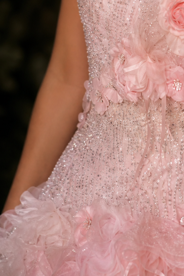 Pink Sequin Ball Gown Evening Dress with Floral Appliqué and Layered Tulle Ruffle Skirt Plus Size