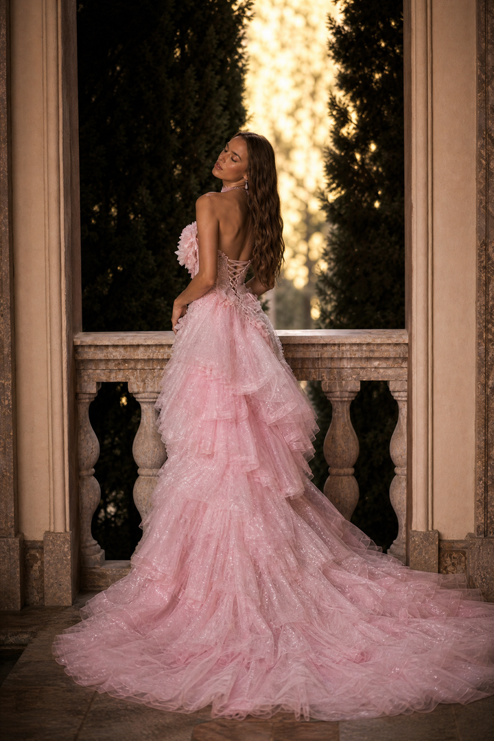 Pink Sequin Ball Gown Evening Dress with Floral Appliqué and Layered Tulle Ruffle Skirt Plus Size