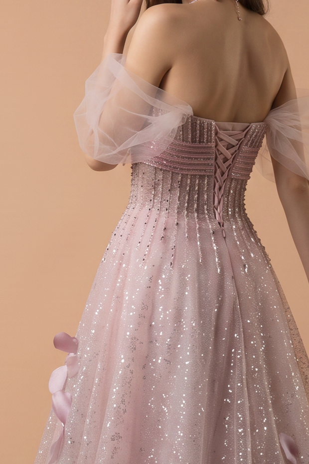 Pink Sparkly Evening Gown with 3D Petal Detail - Strapless Bow Dress with Off-the-Shoulder Tulle Sleeves - Corset A-Line Formal Gown Plus Size