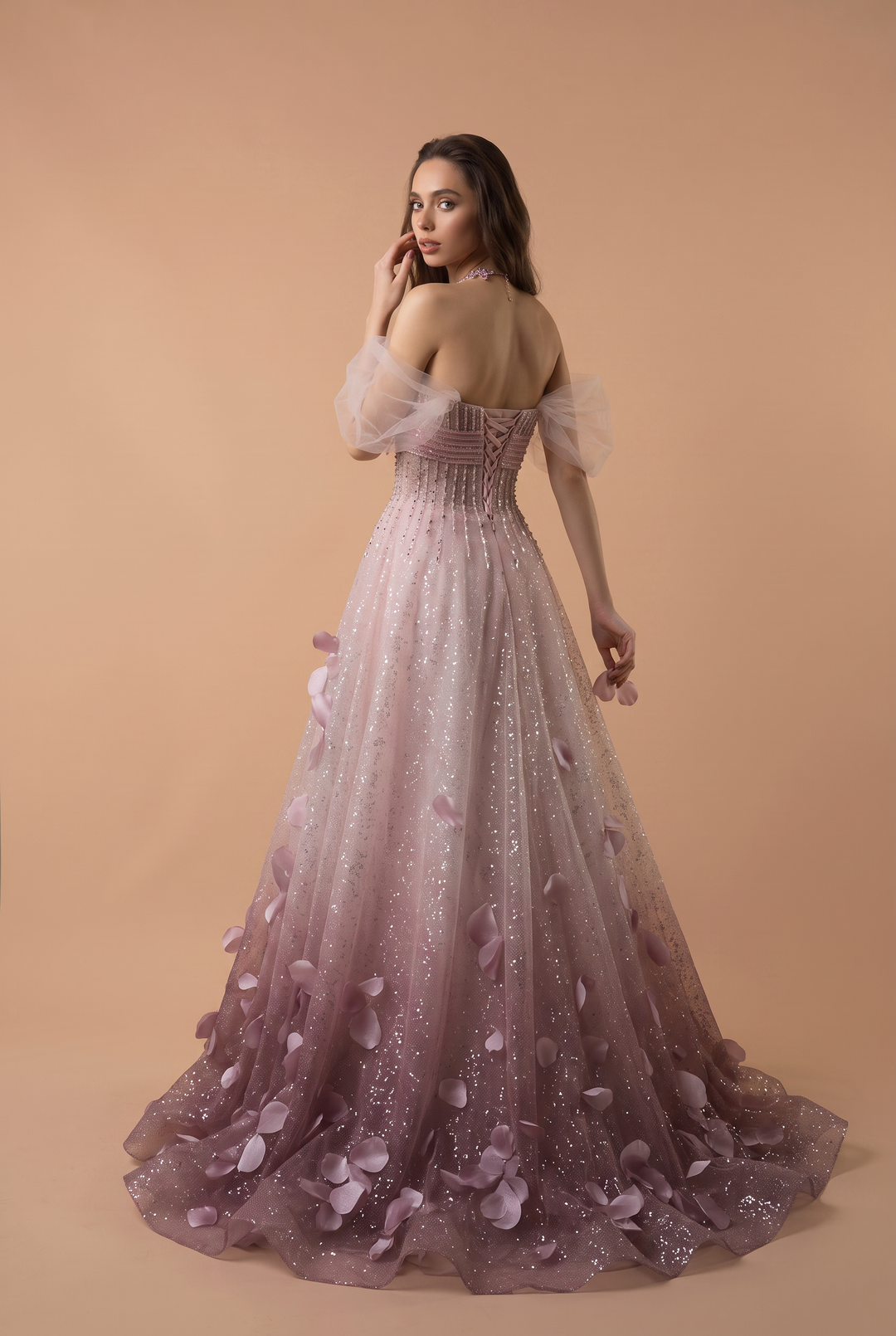 Pink Sparkly Evening Gown with 3D Petal Detail - Strapless Bow Dress with Off-the-Shoulder Tulle Sleeves - Corset A-Line Formal Gown Plus Size