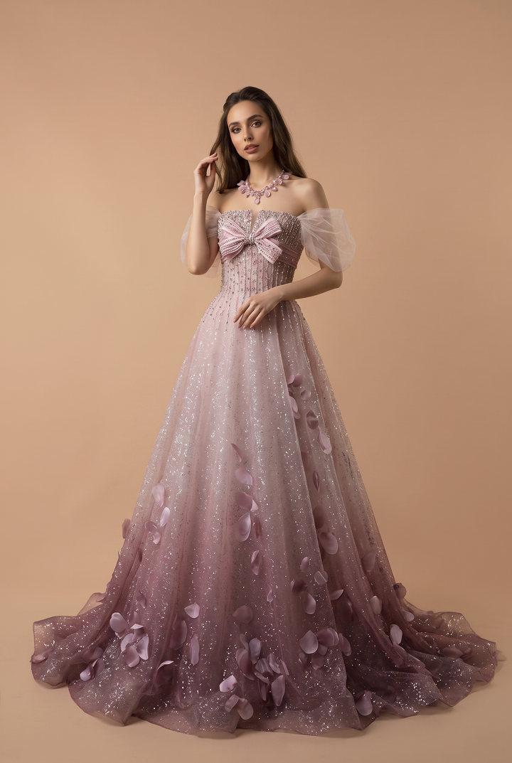 Pink Sparkly Evening Gown with 3D Petal Detail - Strapless Bow Dress with Off-the-Shoulder Tulle Sleeves - Corset A-Line Formal Gown Plus Size