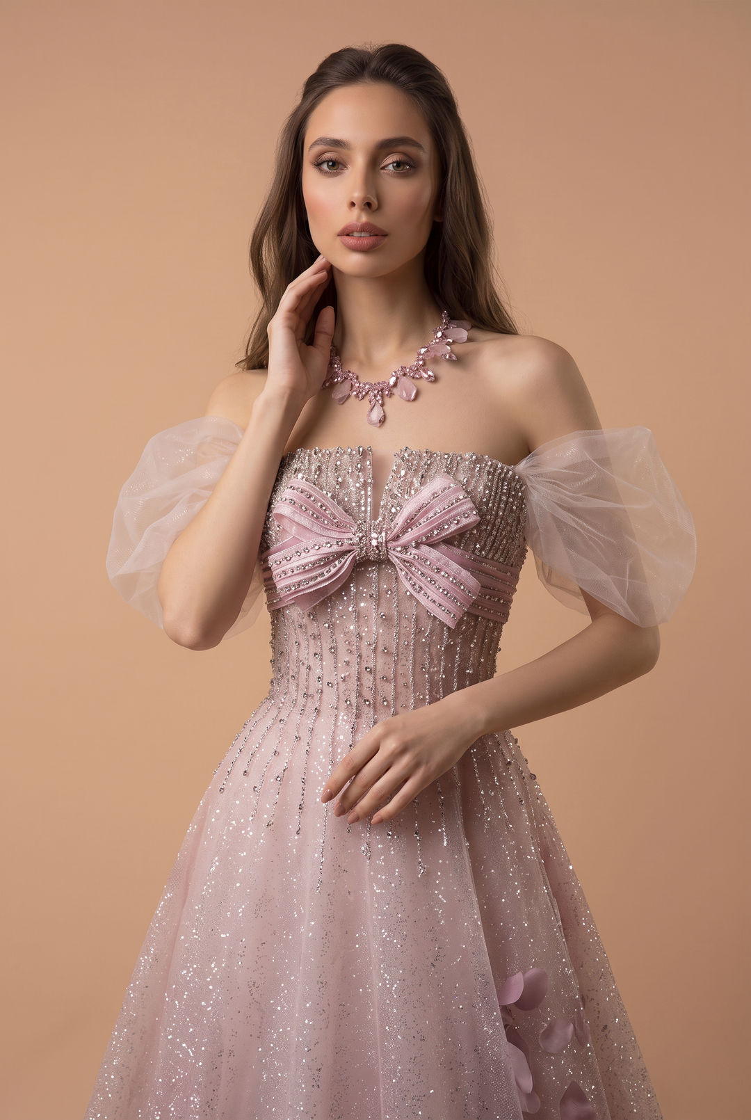 Pink Sparkly Evening Gown with 3D Petal Detail - Strapless Bow Dress with Off-the-Shoulder Tulle Sleeves - Corset A-Line Formal Gown Plus Size