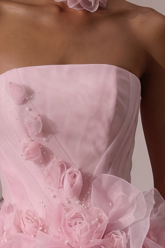 Pink Tulle Ball Gown Evening Dress with Floral Embellished Bodice and Layered Ruffle Skirt Plus Size