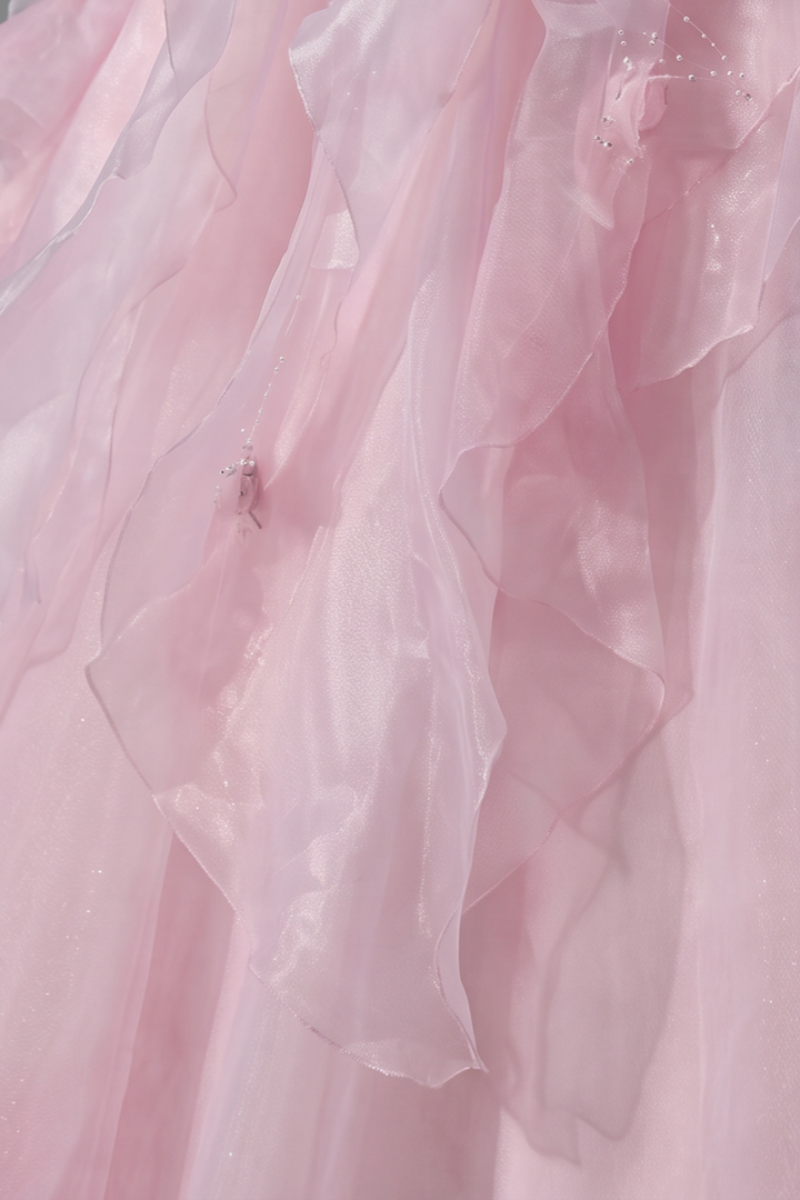 Pink Tulle Ball Gown Evening Dress with Floral Embellished Bodice and Layered Ruffle Skirt Plus Size