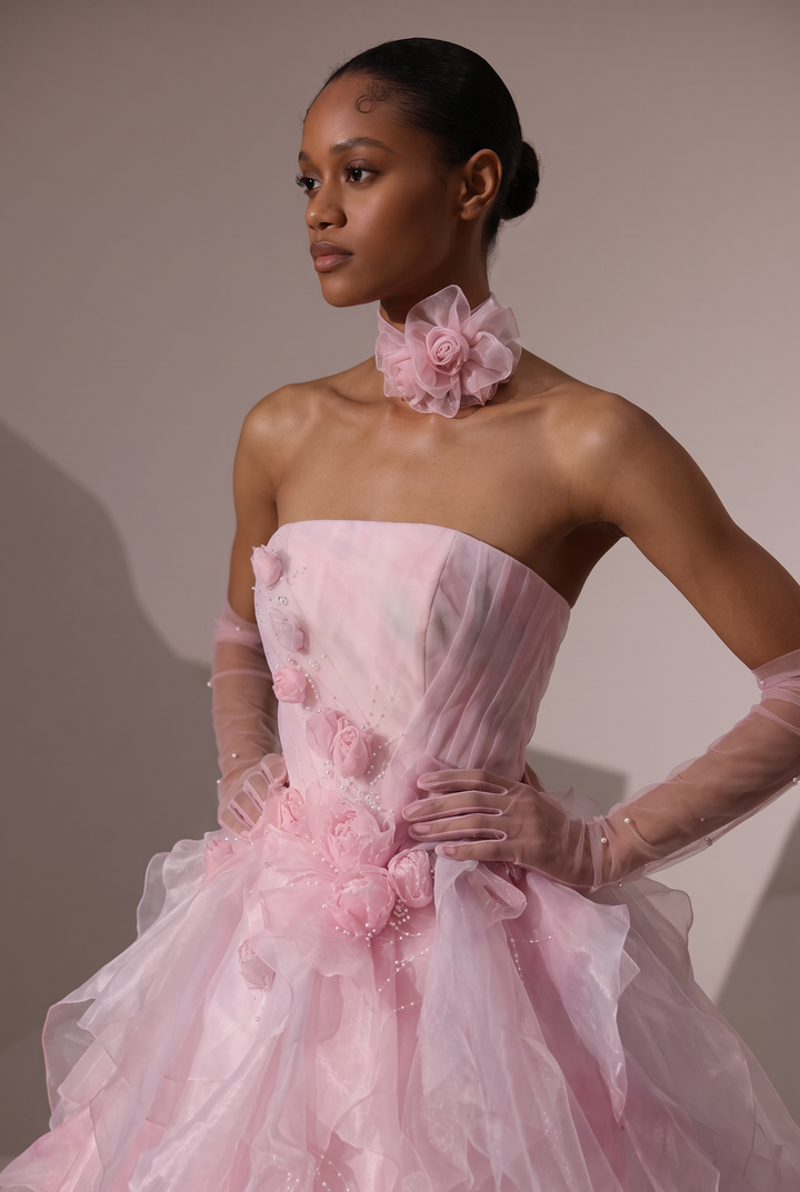Pink Tulle Ball Gown Evening Dress with Floral Embellished Bodice and Layered Ruffle Skirt Plus Size
