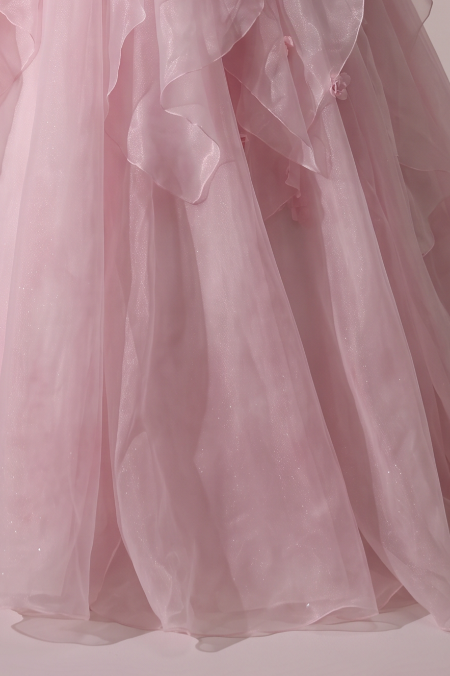 Pink Tulle Ball Gown Evening Dress with Floral Embellished Bodice and Layered Ruffle Skirt Plus Size