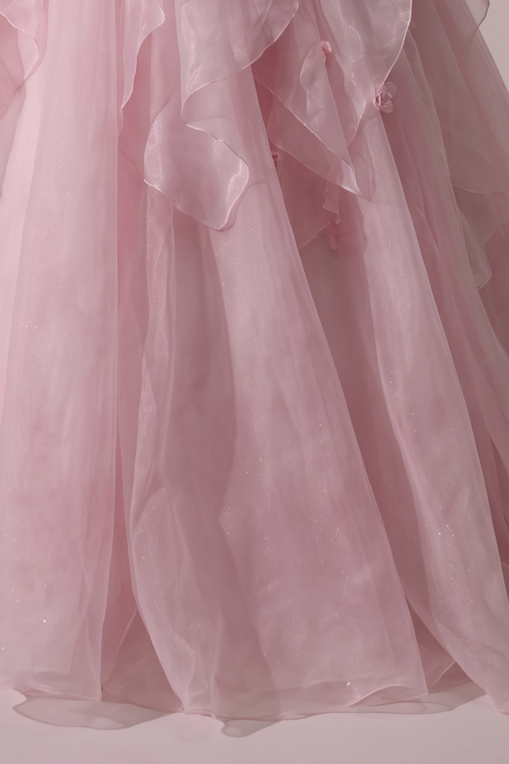 Pink Tulle Ball Gown Evening Dress with Floral Embellished Bodice and Layered Ruffle Skirt Plus Size