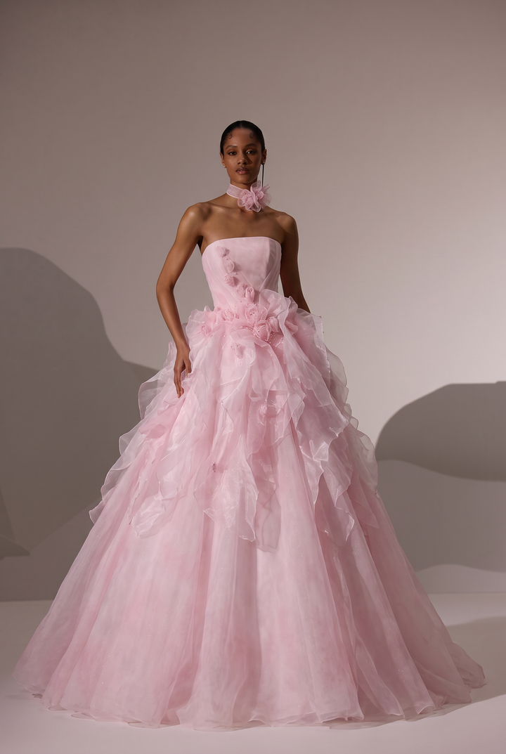 Pink Tulle Ball Gown Evening Dress with Floral Embellished Bodice and Layered Ruffle Skirt Plus Size