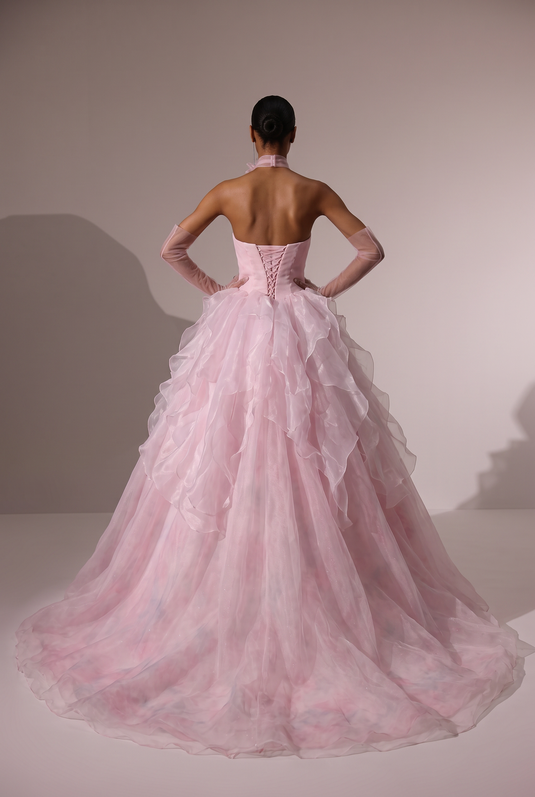 Pink Tulle Ball Gown Evening Dress with Floral Embellished Bodice and Layered Ruffle Skirt Plus Size