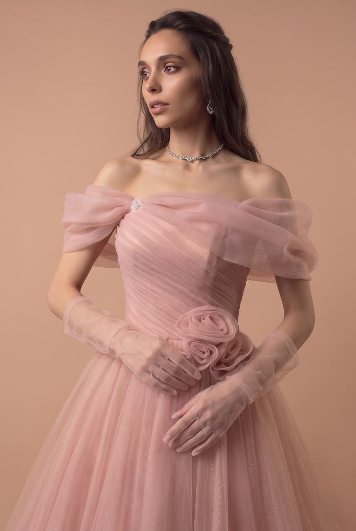 Pink Ball Gown with Corset Back - Wedding Dress with Tulle – Romantic Ball Gown with Floral Accessories - Off the Shoulder Evening Gown Plus Size