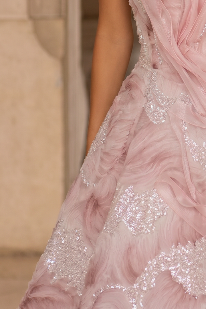 Pink Evening Dress Ball Gown with Glitter Floral Embroidery – Strapless Evening Gown with Sheer Neck Wrap Plus Size