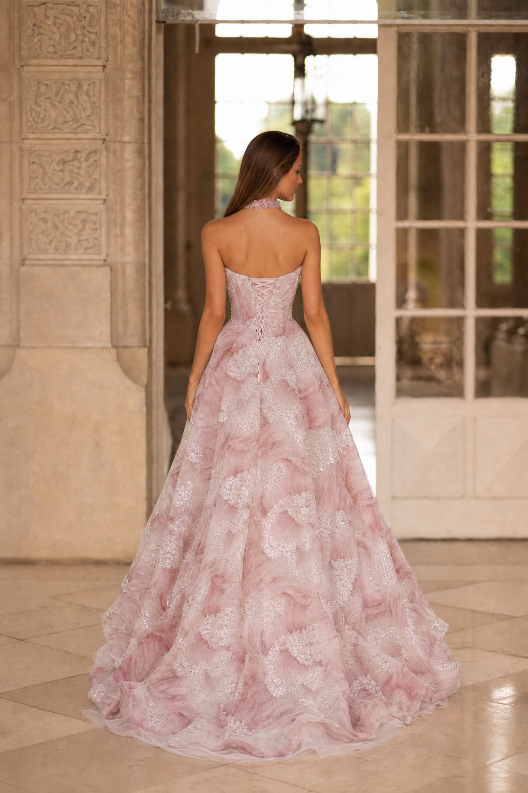 Pink Evening Dress Ball Gown with Glitter Floral Embroidery – Strapless Evening Gown with Sheer Neck Wrap Plus Size