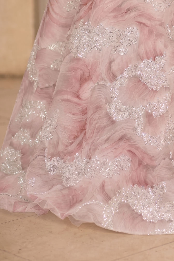 Pink Evening Dress Ball Gown with Glitter Floral Embroidery – Strapless Evening Gown with Sheer Neck Wrap Plus Size