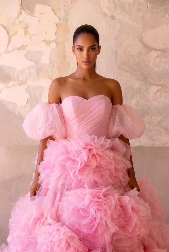 Pink Floral Ball Gown - Corset Tulle Dress - Tiered Floral Tulle Dress - Off Shoulder Wedding Dress Plus Size