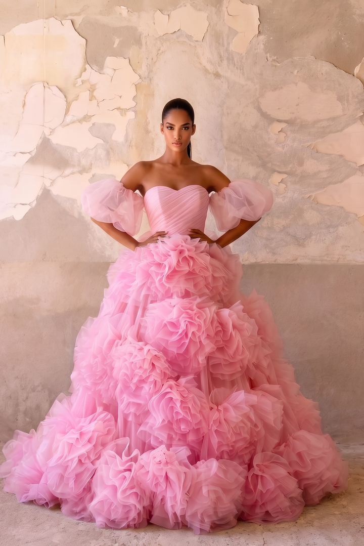 Pink Floral Ball Gown - Corset Tulle Dress - Tiered Floral Tulle Dress - Off Shoulder Wedding Dress Plus Size