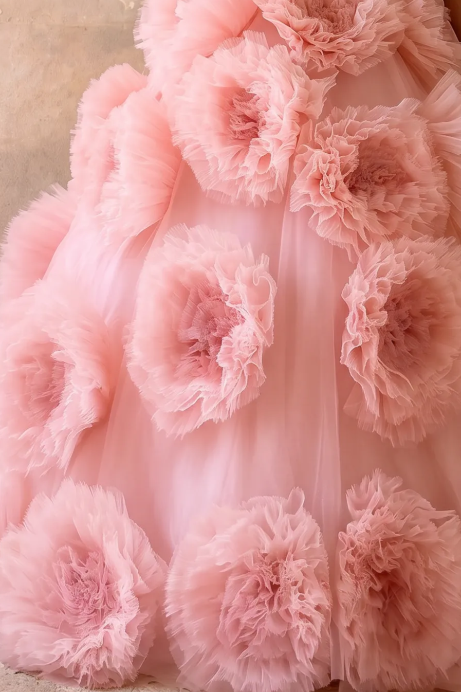 Pink Floral Ball Gown with 3D Rose Detail - 3d Rose Dress with Boe Neckline - Strapless Wedding Dress with Tulle Skirt Plus Size