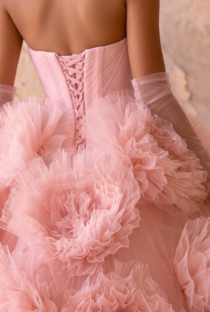 Pink Floral Ball Gown with 3D Rose Detail - 3d Rose Dress with Boe Neckline - Strapless Wedding Dress with Tulle Skirt Plus Size