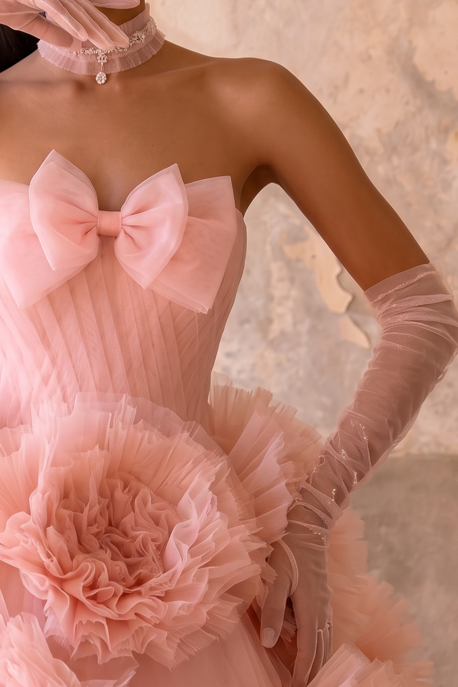 Pink Floral Ball Gown with 3D Rose Detail - 3d Rose Dress with Boe Neckline - Strapless Wedding Dress with Tulle Skirt Plus Size