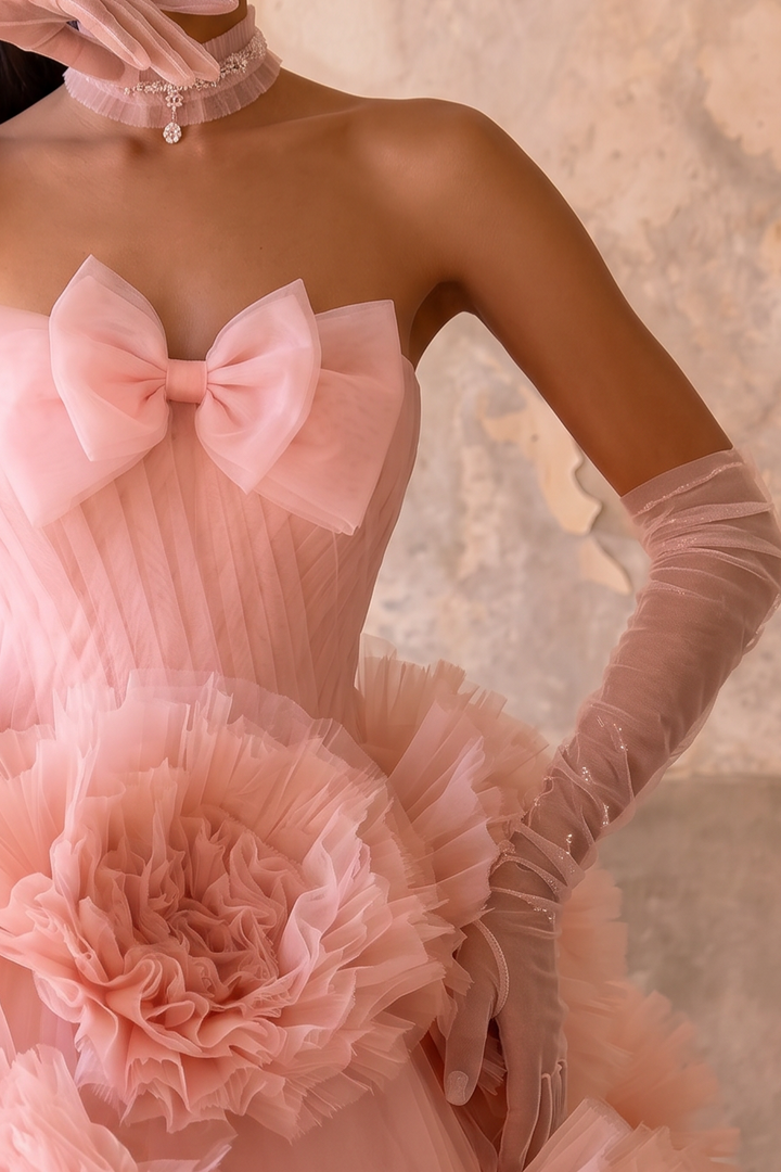 Pink Floral Ball Gown with 3D Rose Detail - 3d Rose Dress with Boe Neckline - Strapless Wedding Dress with Tulle Skirt Plus Size
