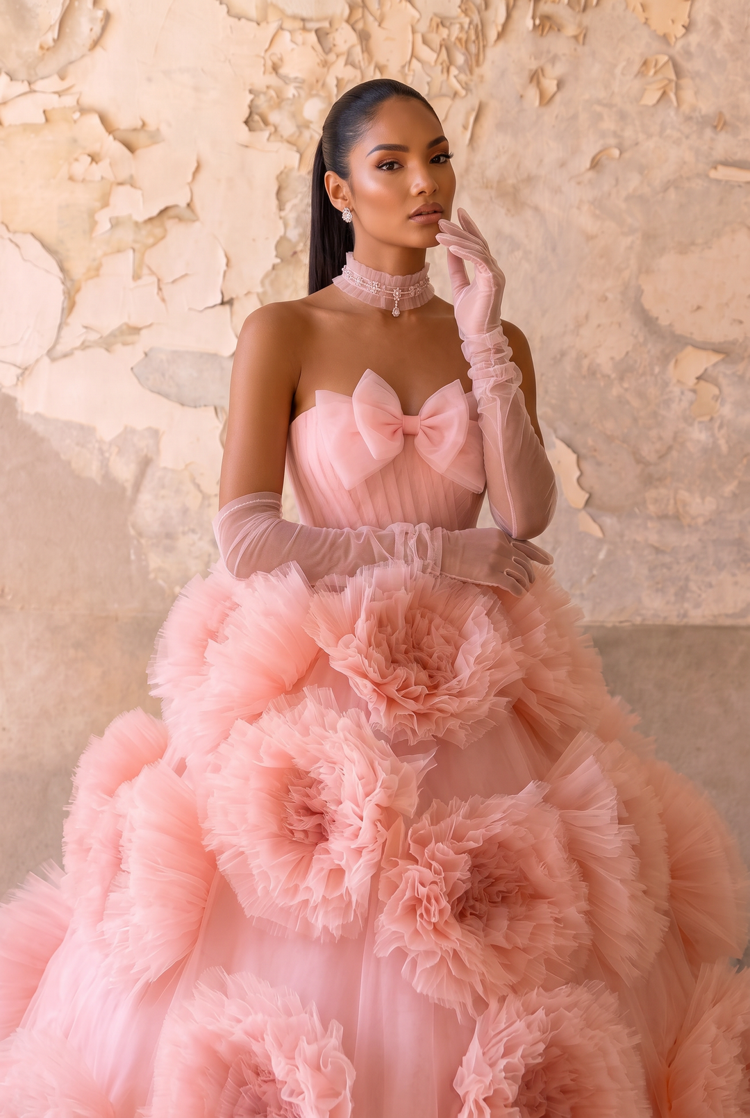 Pink Floral Ball Gown with 3D Rose Detail - 3d Rose Dress with Boe Neckline - Strapless Wedding Dress with Tulle Skirt Plus Size