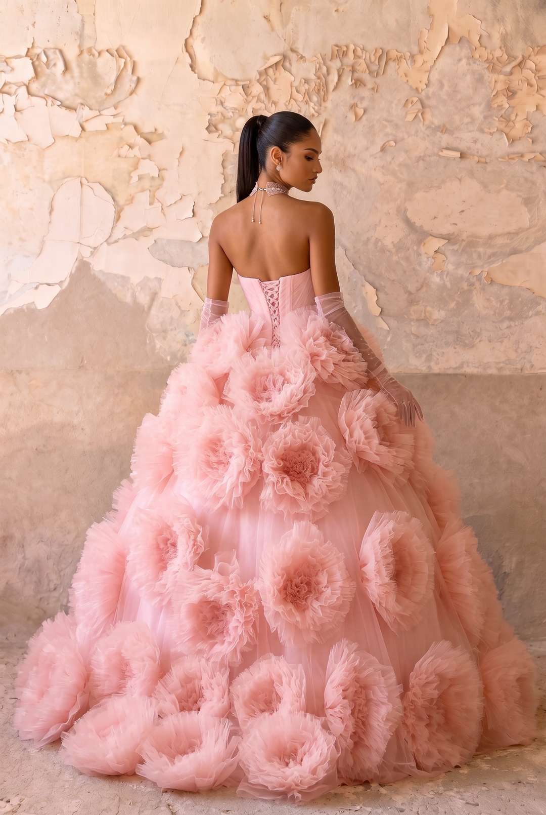 Pink Floral Ball Gown with 3D Rose Detail - 3d Rose Dress with Boe Neckline - Strapless Wedding Dress with Tulle Skirt Plus Size
