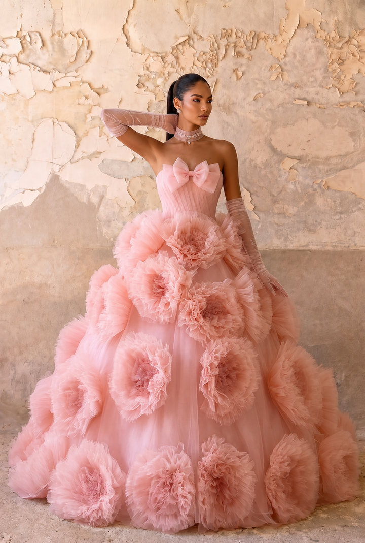 Pink Floral Ball Gown with 3D Rose Detail - 3d Rose Dress with Boe Neckline - Strapless Wedding Dress with Tulle Skirt Plus Size