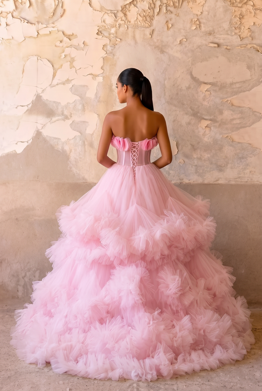 Pink Floral Ball Gown with Layered Tulle Ruffle Skirt - Romantic Strapless Evening Dress - Strapless Ball Gown with Corset Back Plus Size