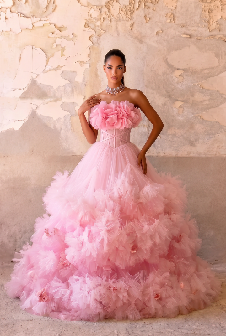 Pink Floral Ball Gown with Layered Tulle Ruffle Skirt - Romantic Strapless Evening Dress - Strapless Ball Gown with Corset Back Plus Size
