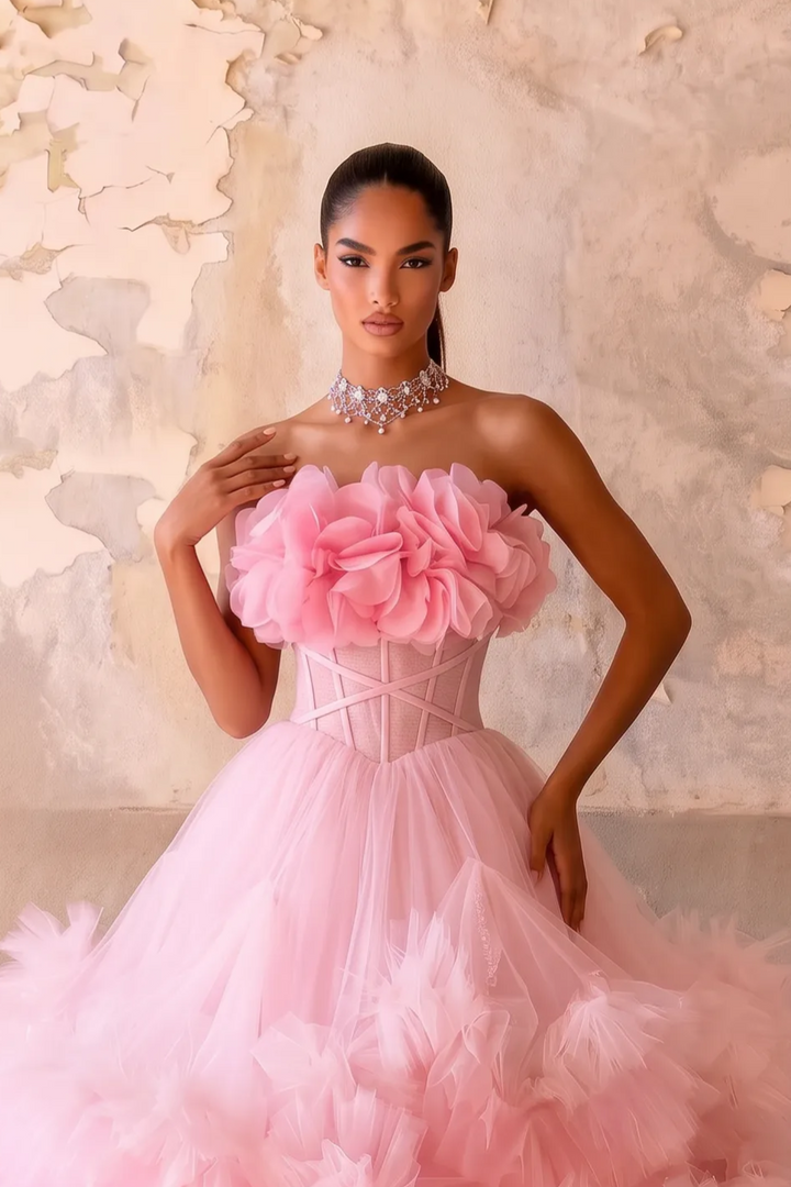 Pink Floral Ball Gown with Layered Tulle Ruffle Skirt - Romantic Strapless Evening Dress - Strapless Ball Gown with Corset Back Plus Size