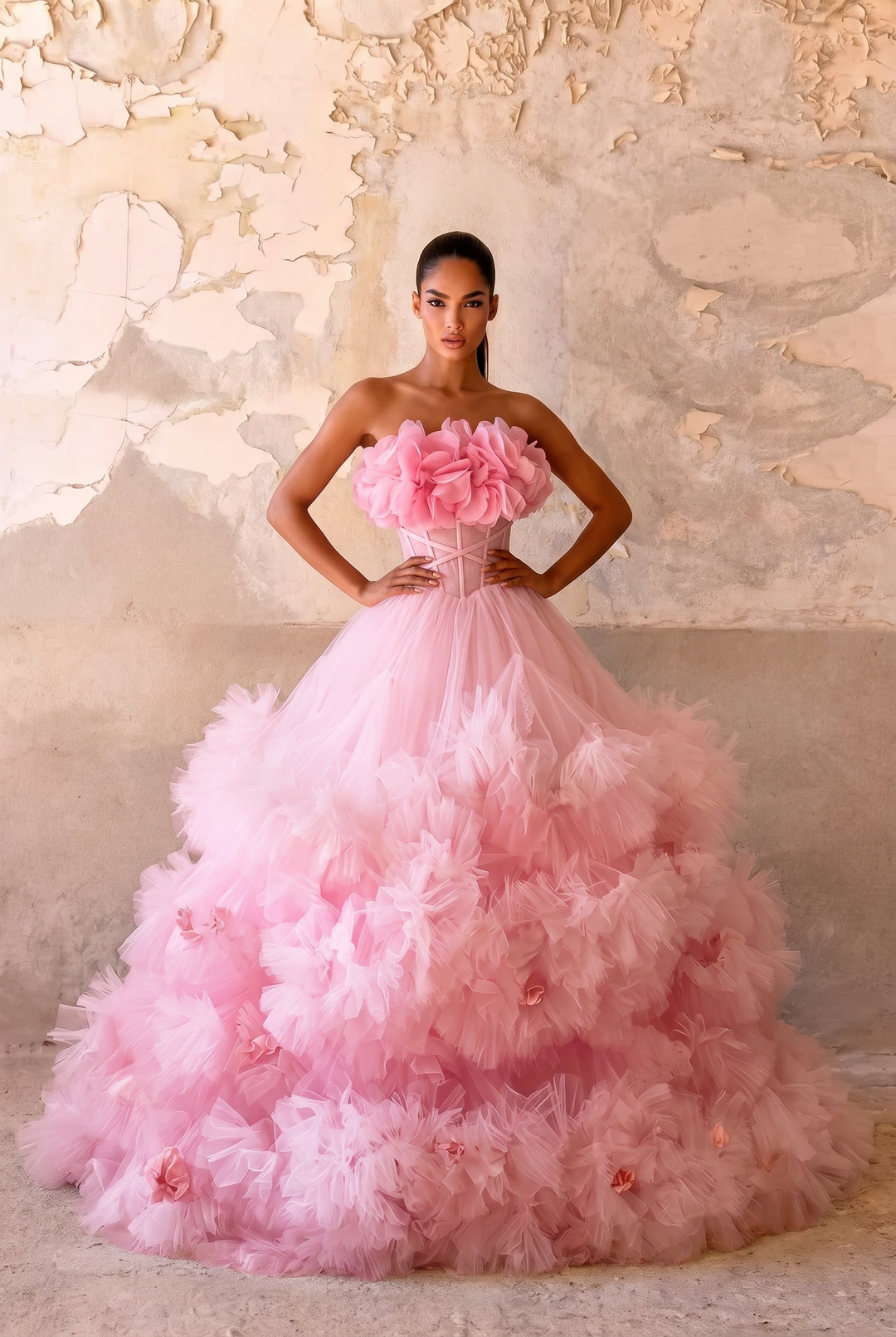 Pink Floral Ball Gown with Layered Tulle Ruffle Skirt - Romantic Strapless Evening Dress - Strapless Ball Gown with Corset Back Plus Size