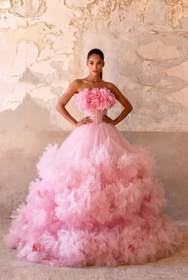Pink Floral Ball Gown with Layered Tulle Ruffle Skirt - Romantic Strapless Evening Dress - Strapless Ball Gown with Corset Back Plus Size