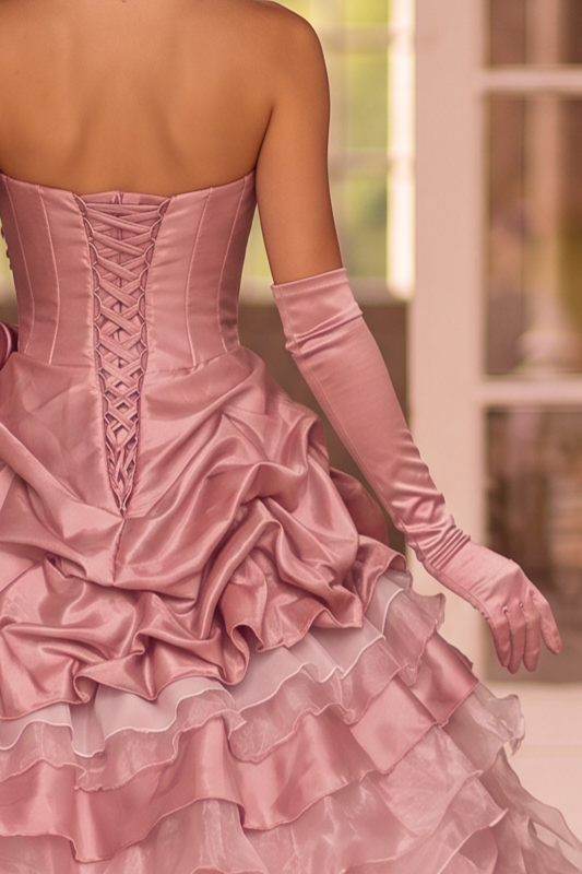 Pink Layered Tulle Ruffle Dress with Embroidery – Strapless Evening Dress with Corset Back Plus Size