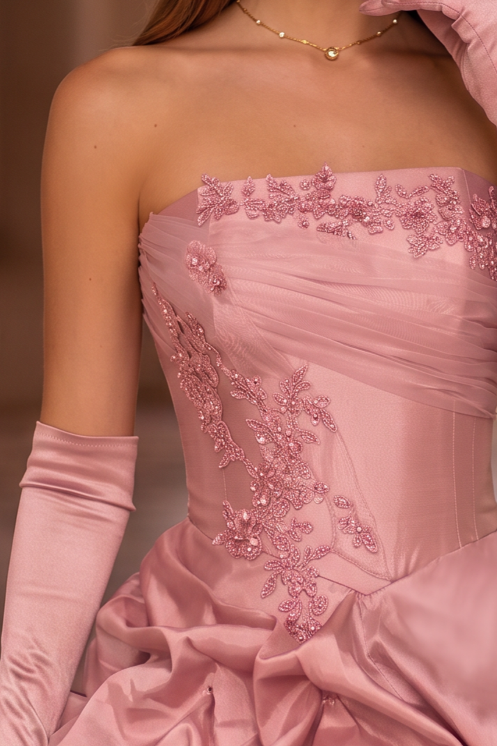 Pink Layered Tulle Ruffle Dress with Embroidery – Strapless Evening Dress with Corset Back Plus Size