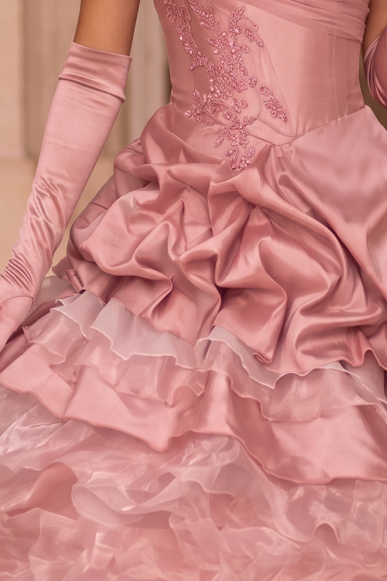 Pink Layered Tulle Ruffle Dress with Embroidery – Strapless Evening Dress with Corset Back Plus Size