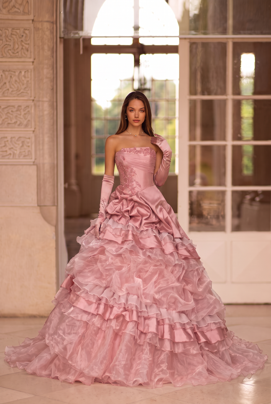 Pink Layered Tulle Ruffle Dress with Embroidery – Strapless Evening Dr – WonderlandByLilian