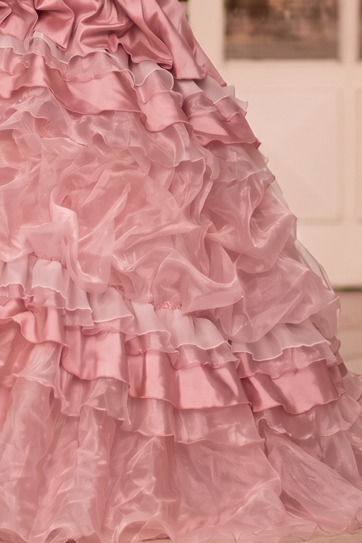 Pink Layered Tulle Ruffle Dress with Embroidery – Strapless Evening Dress with Corset Back Plus Size